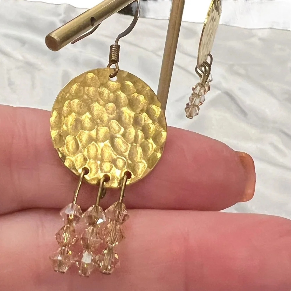 Gold Tone Hammered Earrings‎ Dangling Beads 2” Dressy Lightweight Boho Casual